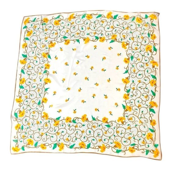 Vintage Ray Strauss Silk Scarf Ivory Floral Green Yellow Tan 35x35” Japan - Picture 4 of 10